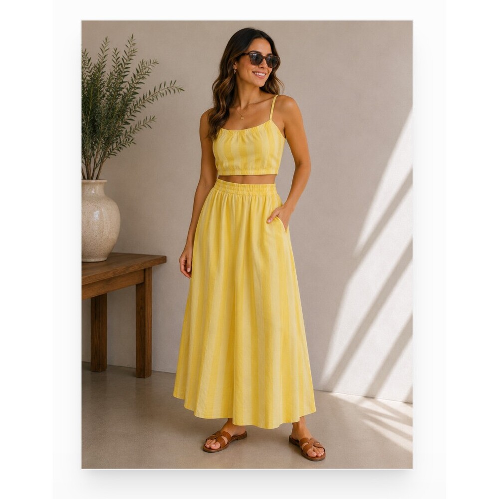 COCOLILLYS Set Womens XS Yellow Striped Smocked Midi Sundress Strappy Casual